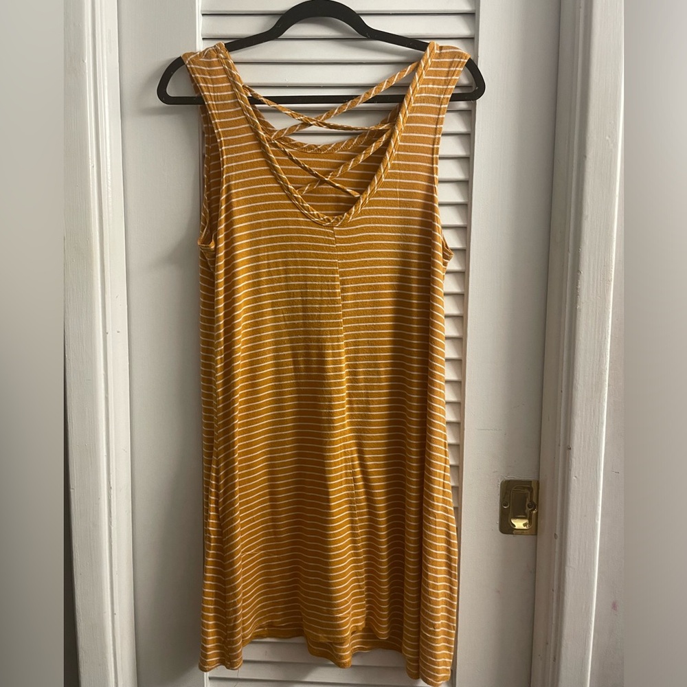 Olivia Rae Sleeveless TShirt Dress w/Chris Cross Back,Mustard/WhiteStripes Large
